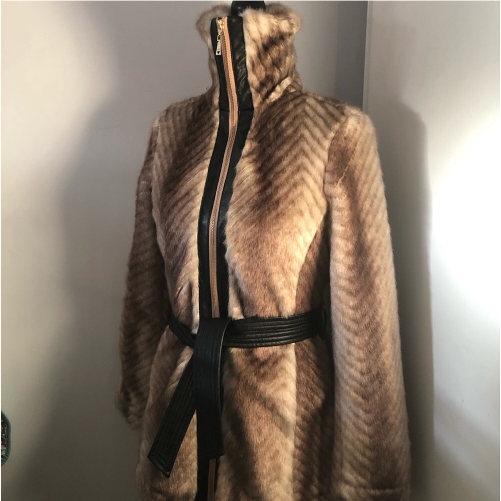 Guess Faux Fur Belted Jacket - Brown and Black - Picture 3 of 12